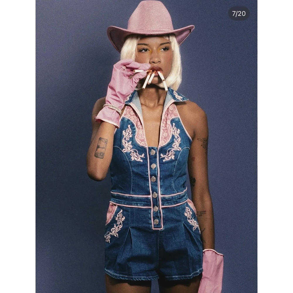 NWT Dolls Kill Western Cowboy Sugar Thrillz Costume Rodeo Denim Romper S